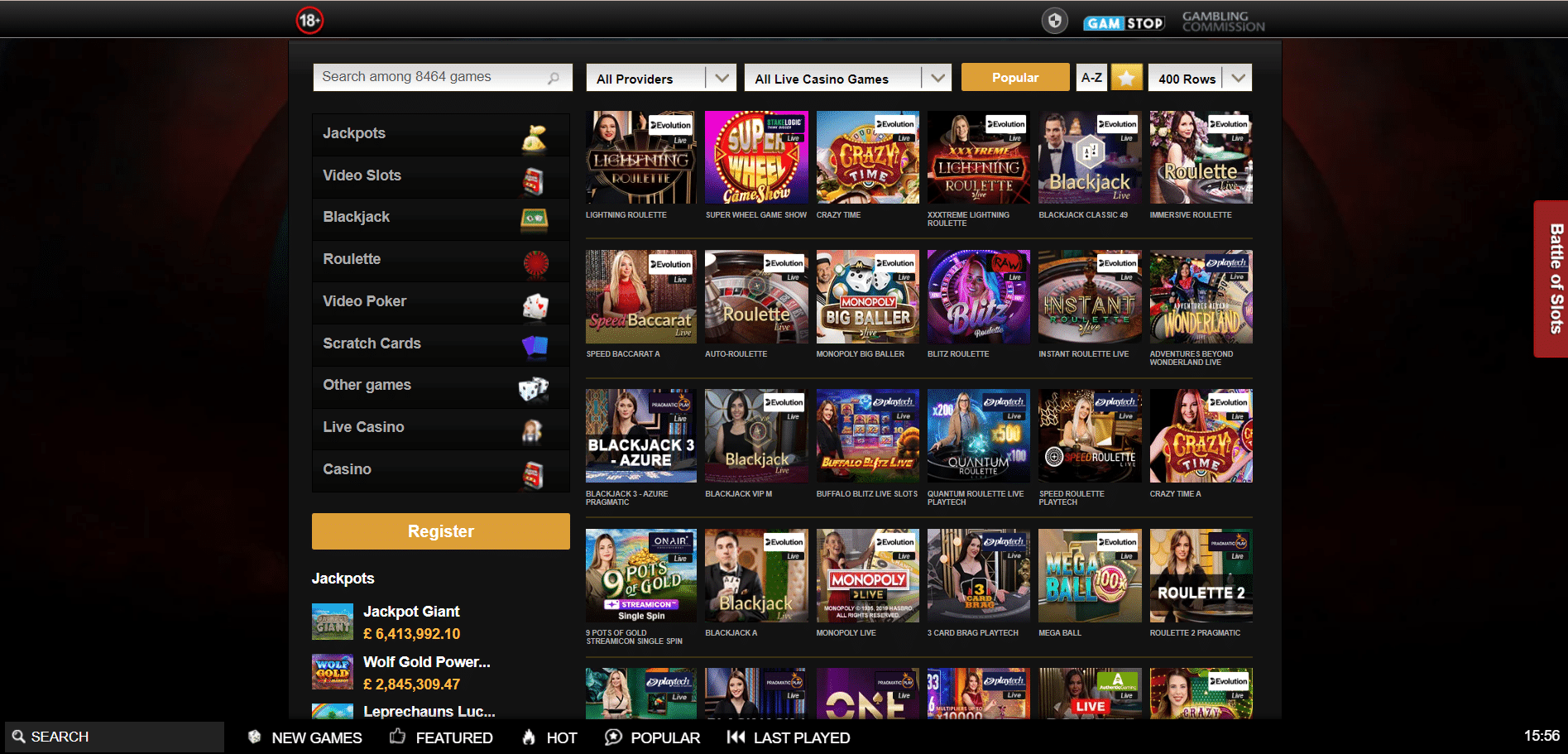 Video Slots Live Casino Section