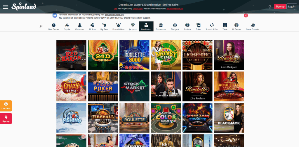 Spinland Live Casino Page