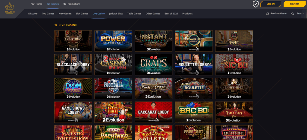 21 Casino Live Casino Page