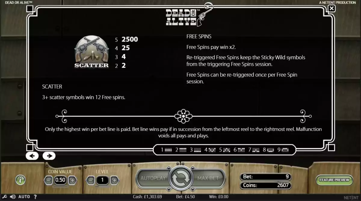 Dead Or Alive Slot Paytable