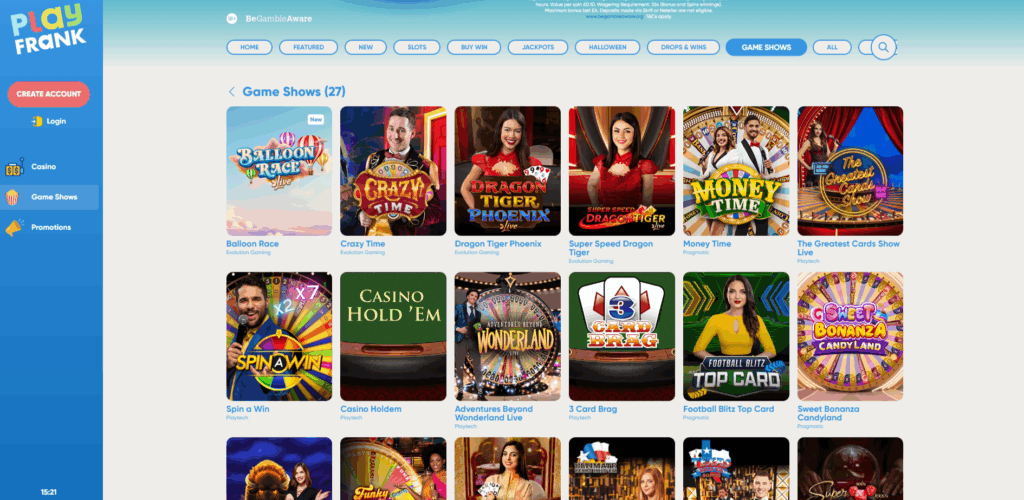 PlayFrank Live Casino Page
