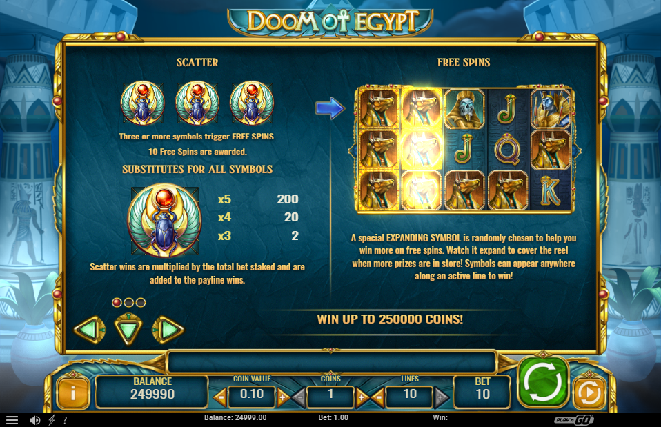 Doom of Egypt Pay Table