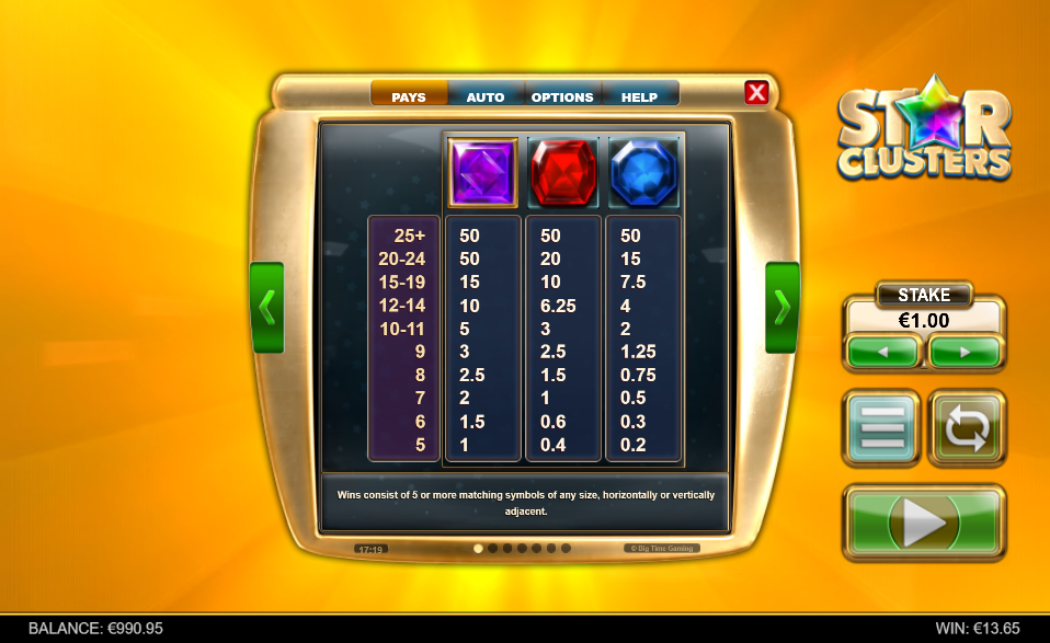 Star Clusters Mega Clusters Pay Table