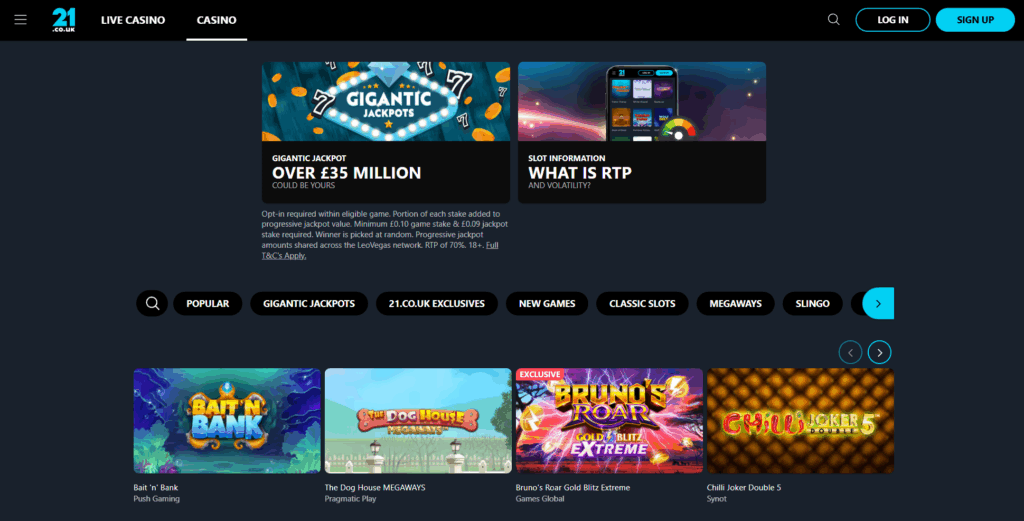 21.co.uk casino homepage