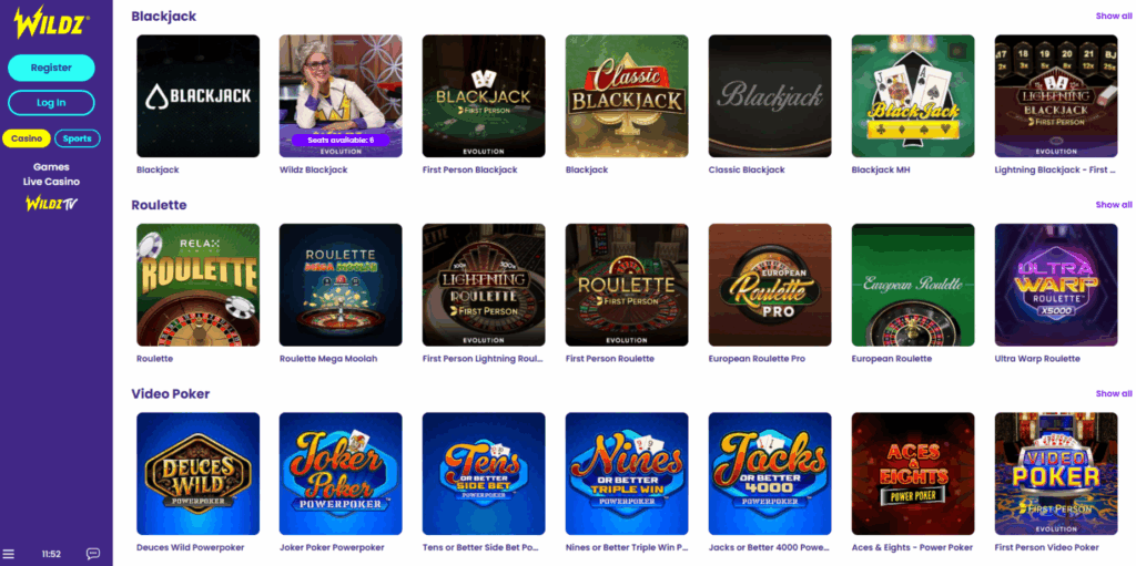 Wildz Live Casino Page