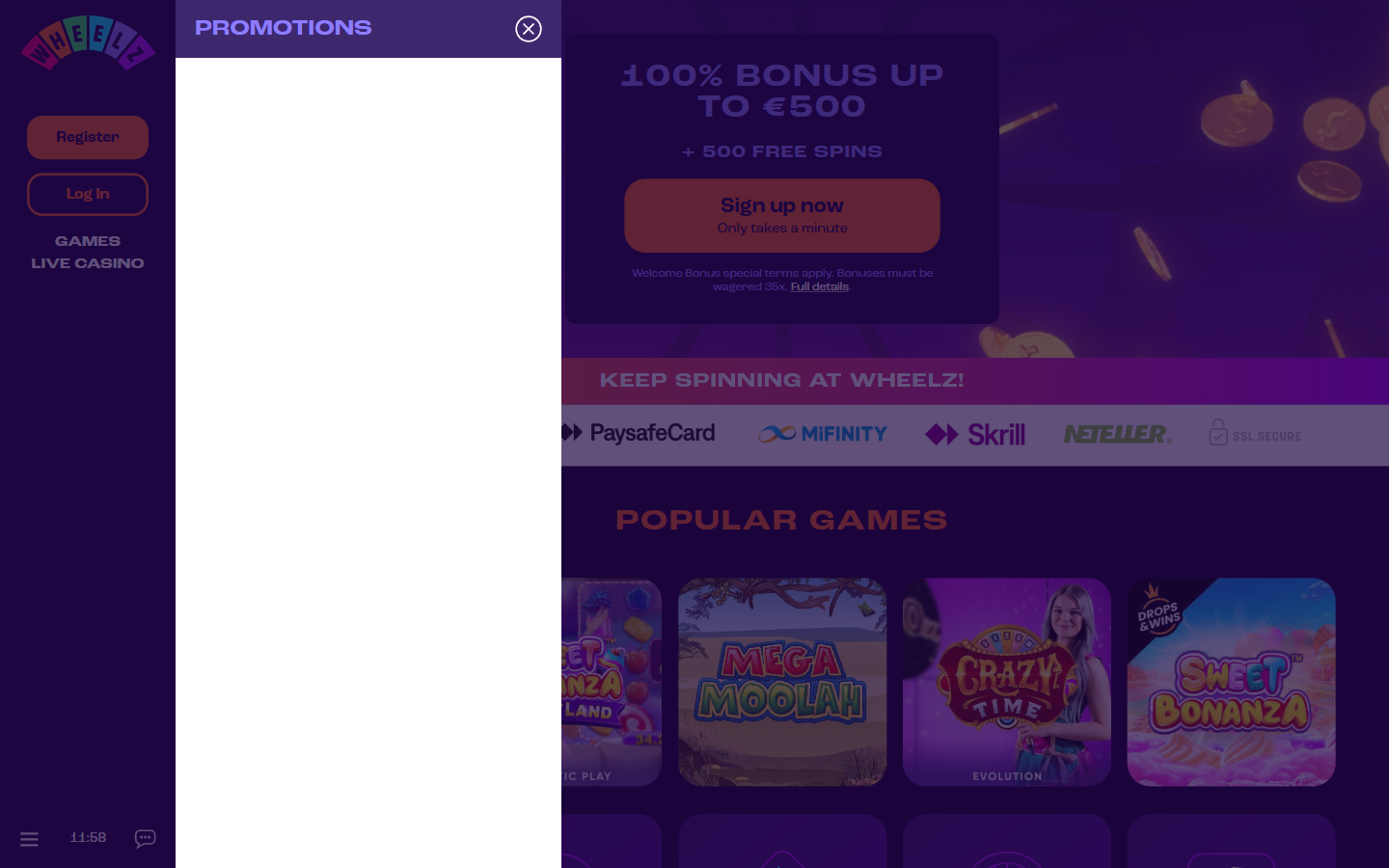 Wheelz Casino promotions page showing the 100% welcome bonus up to €500 plus 500 free spins with a Sign up now button