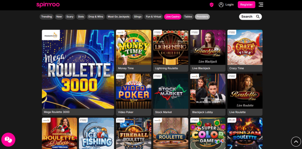 SpinYoo Live Casino Page