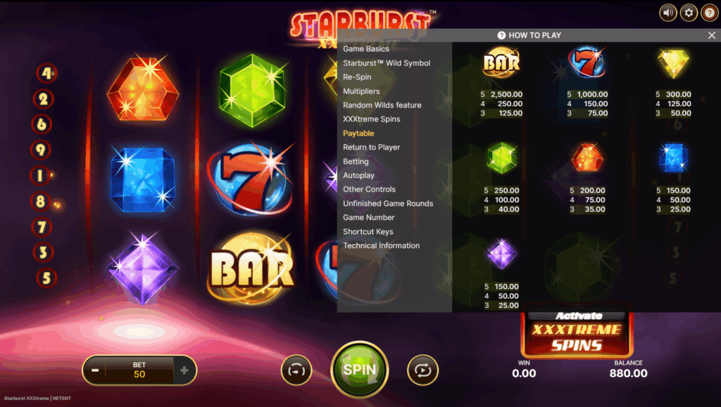 Starburst XXXTreme Paytable