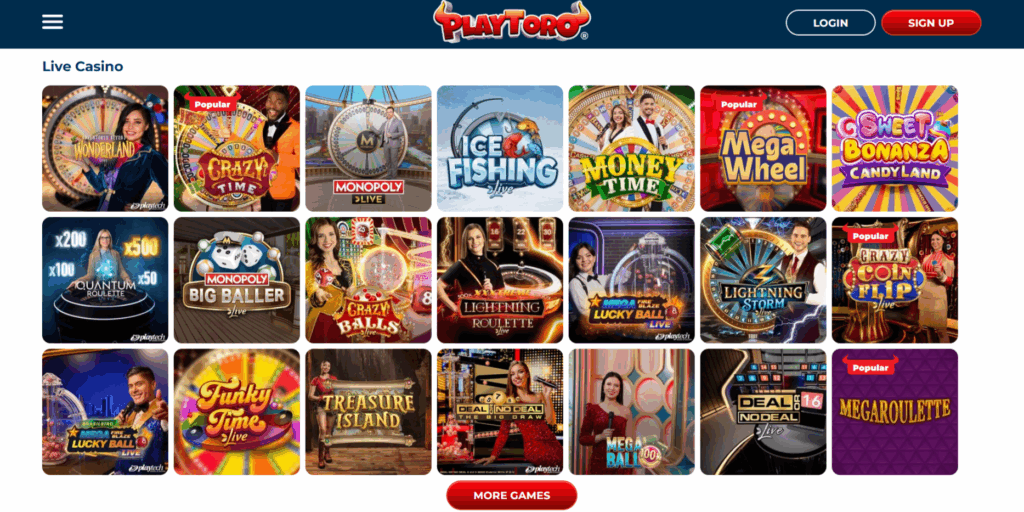 PlayToro Live Casino Page