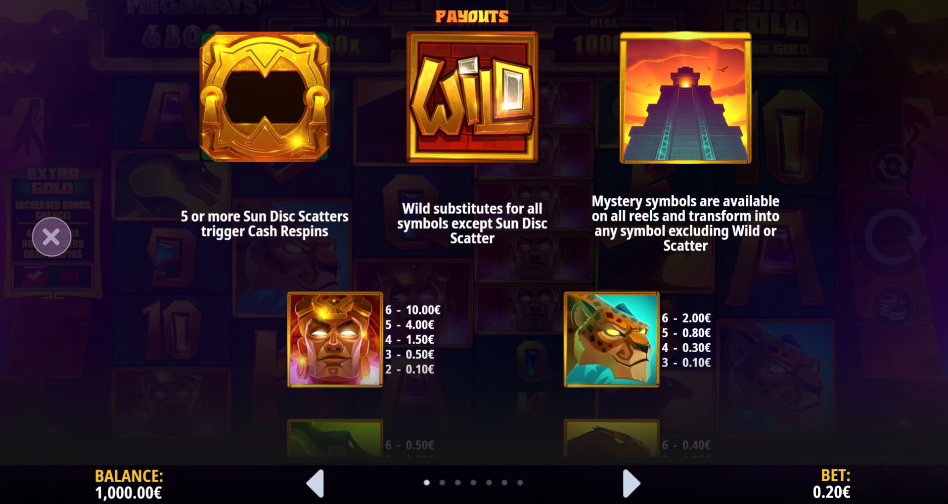 Aztec Gold Extra Gold Megaways Payout Table