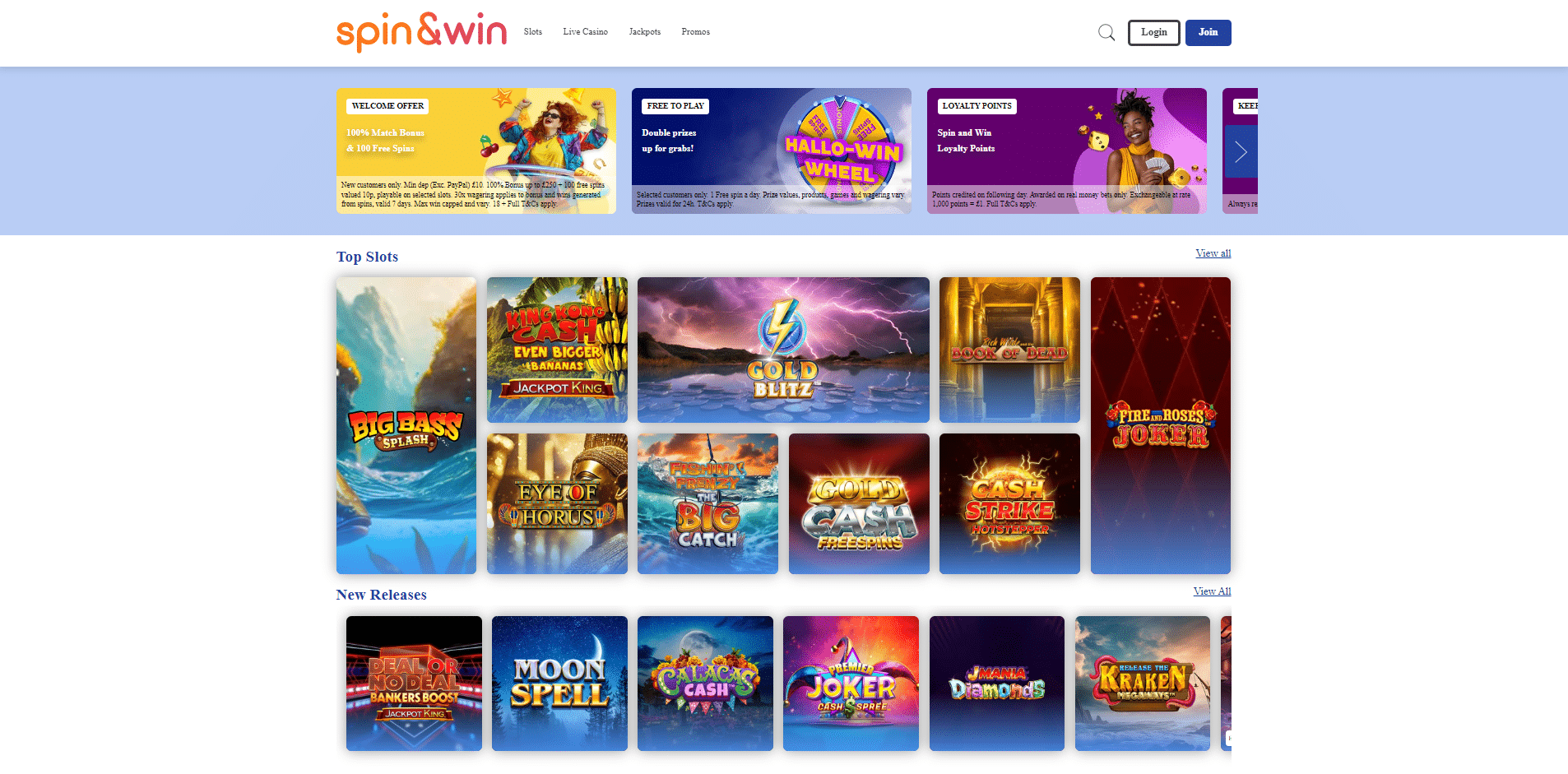 Spin and Win Casino Homepage