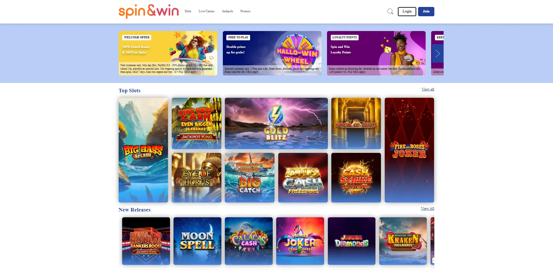 Spin and Win Casino Homepage