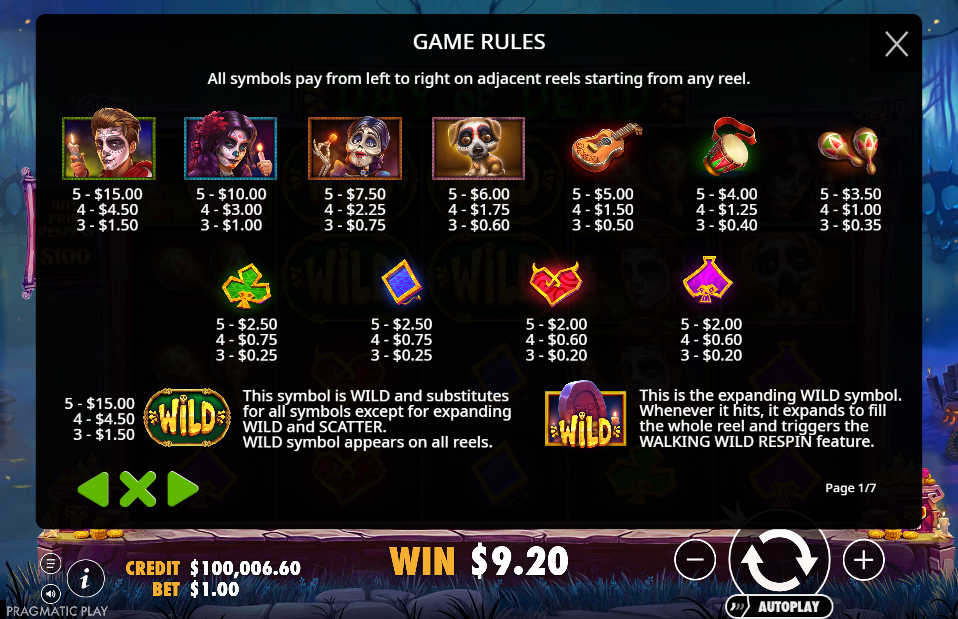 Day of Dead Pay Table