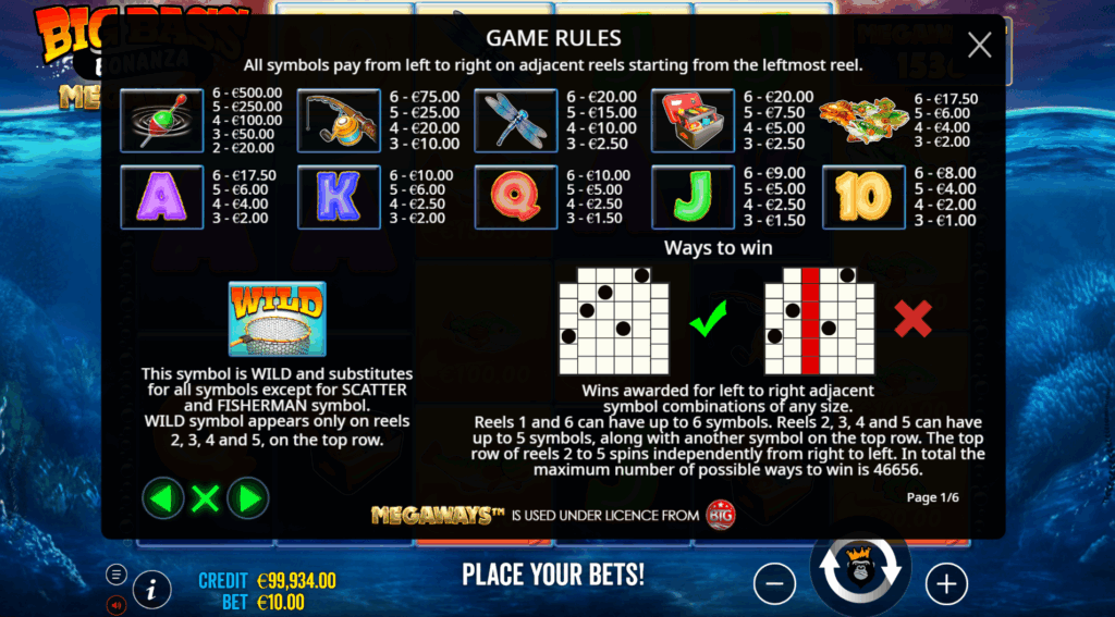 Big Bass Bonanza Megaways Paytable