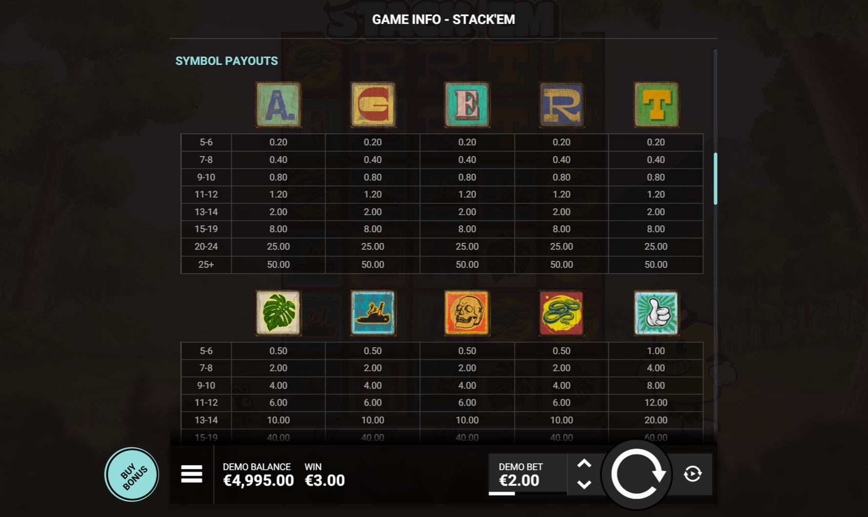 Stack ‘Em Paytable