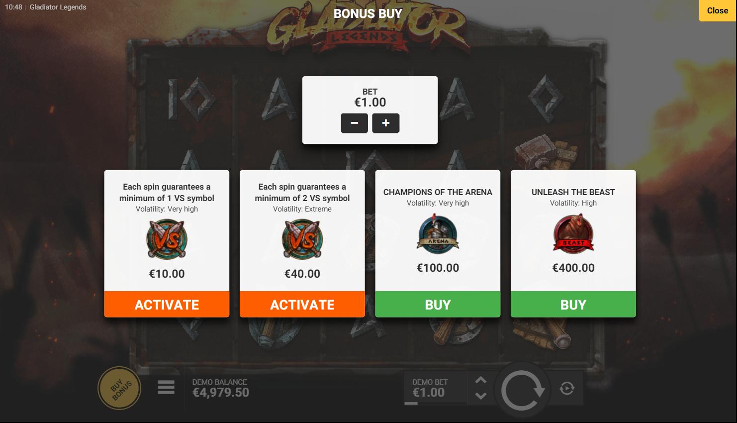 Gladiator Legends Bonus Buy Options