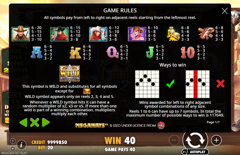 Wild West Gold Megaways Pay Table