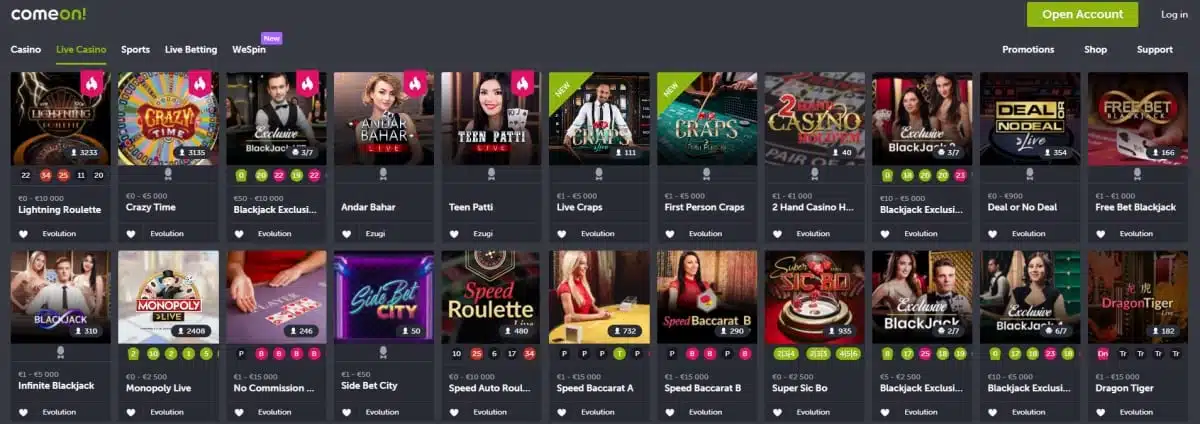 Comeon Casino Live Casino