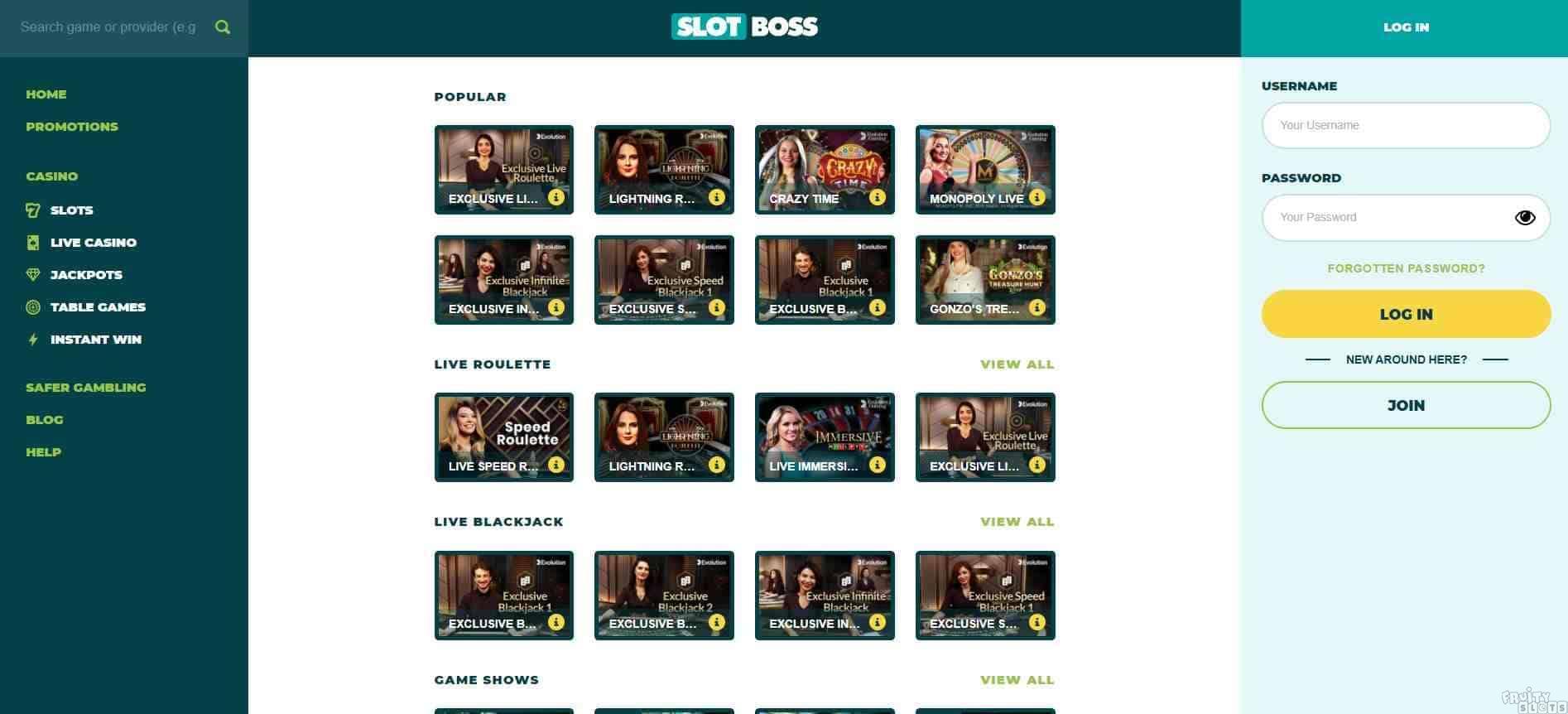 Slots Boss Casino Live Casino Page