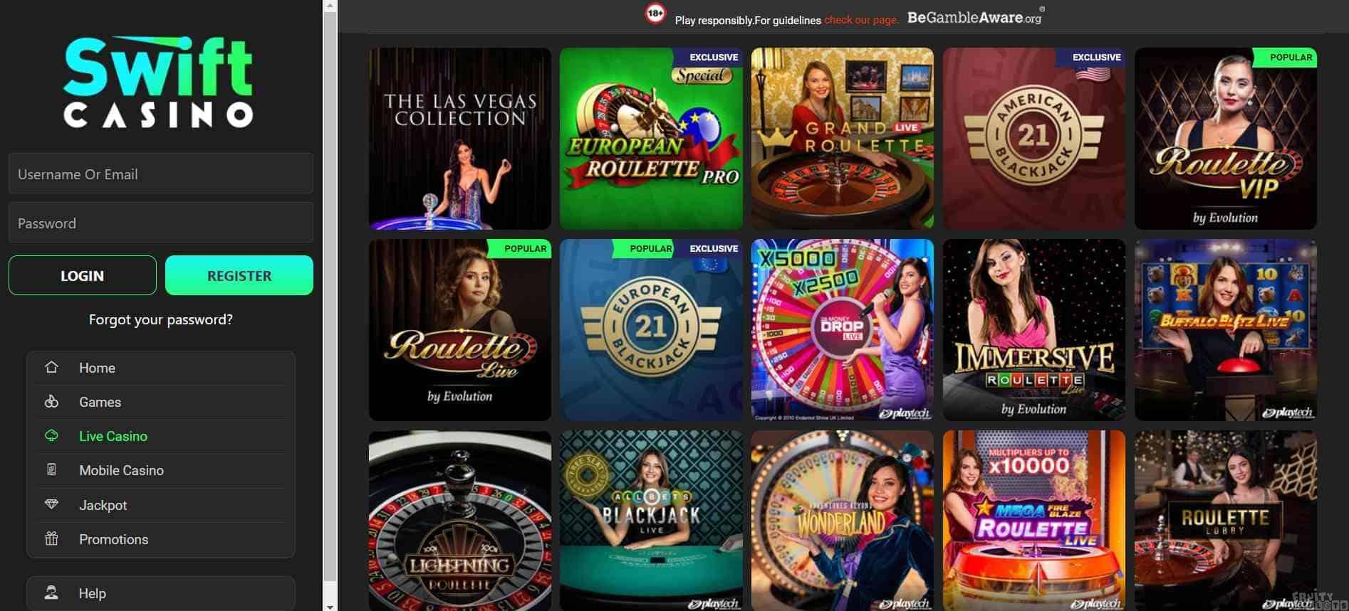 Swift Casino Live Casino Selection