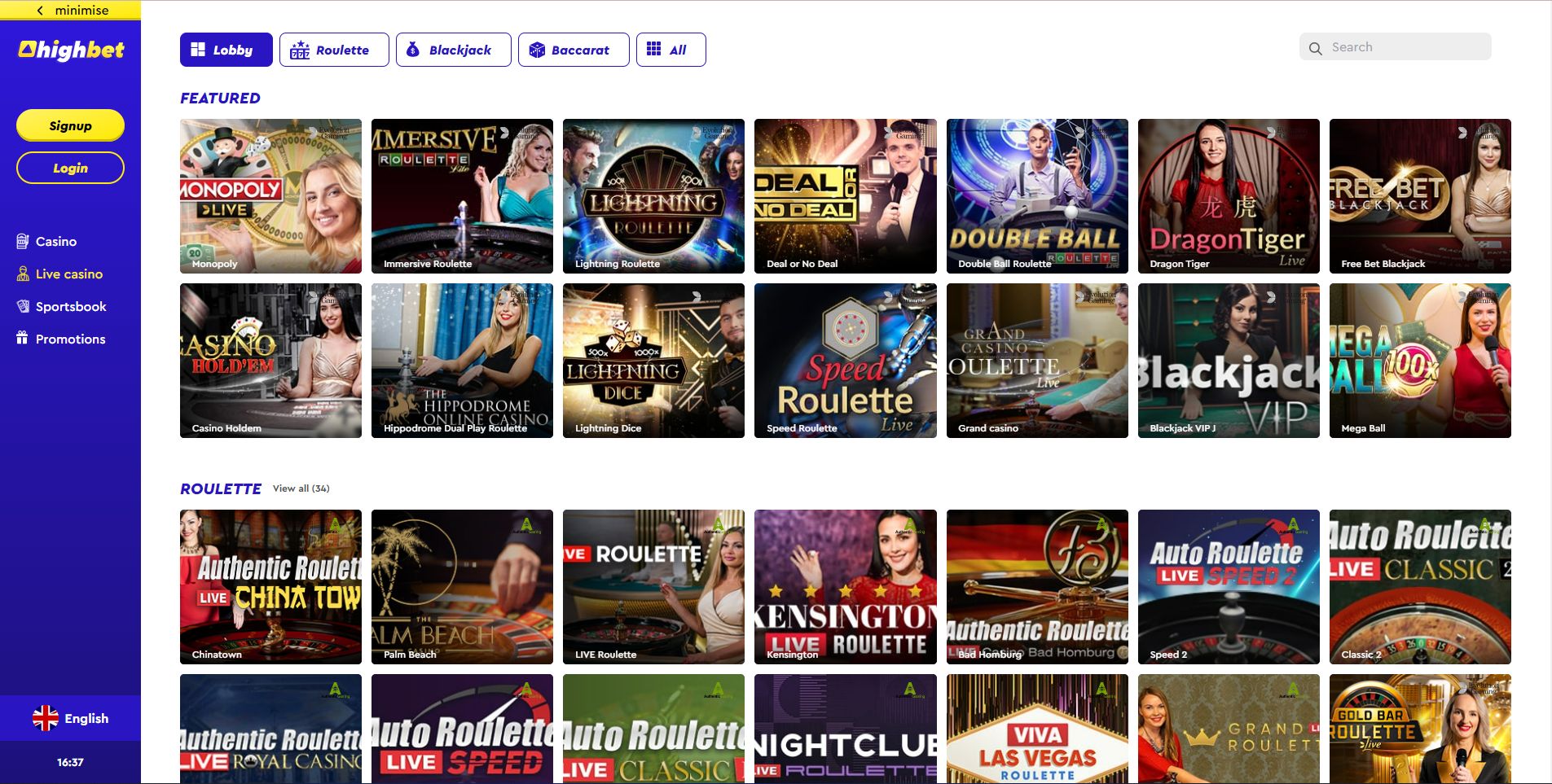HighBet Casino Live Casino & Table games