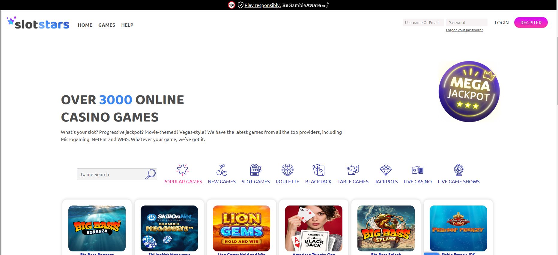 SlotStars Casino Homepage