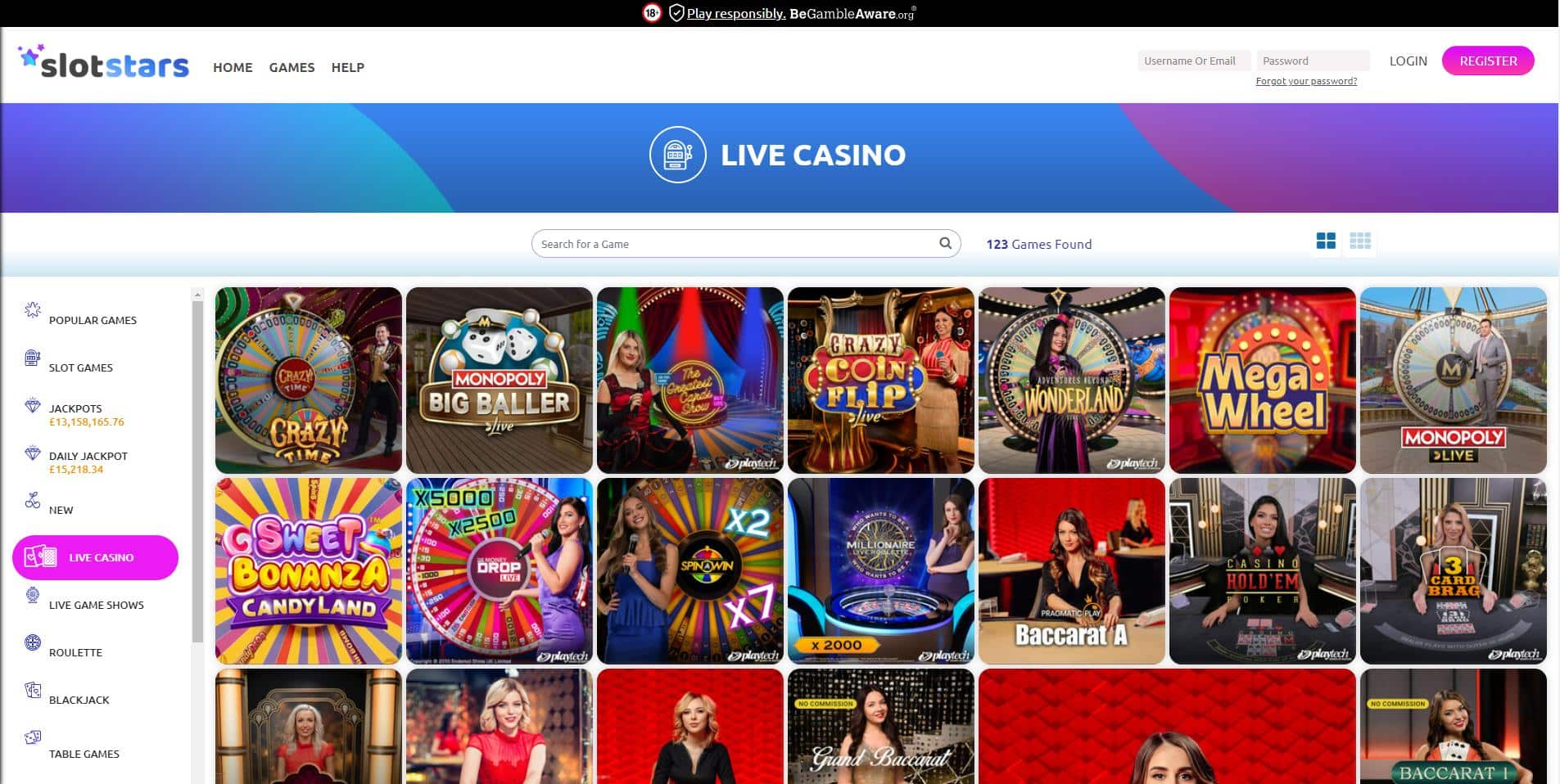 SlotStars Casino Live Casino & Tables games