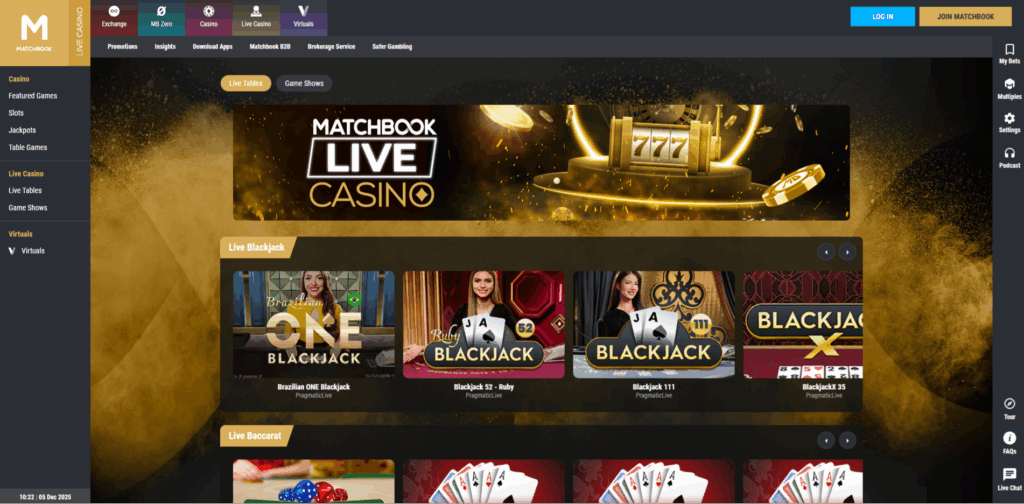 Matchbook Live Casino Page