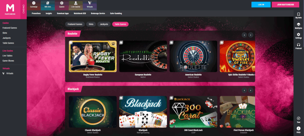 Matchbook Table Games