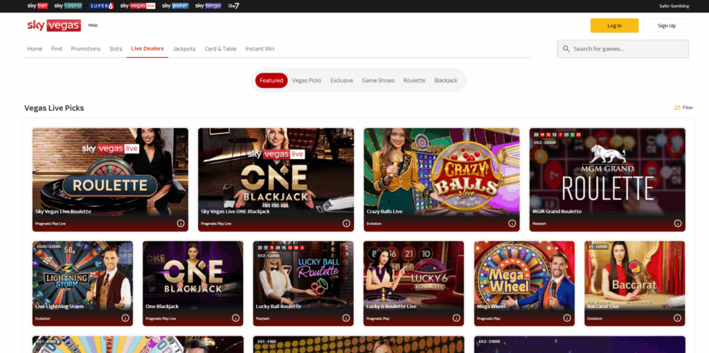 Sky Vegas Live Dealer Page