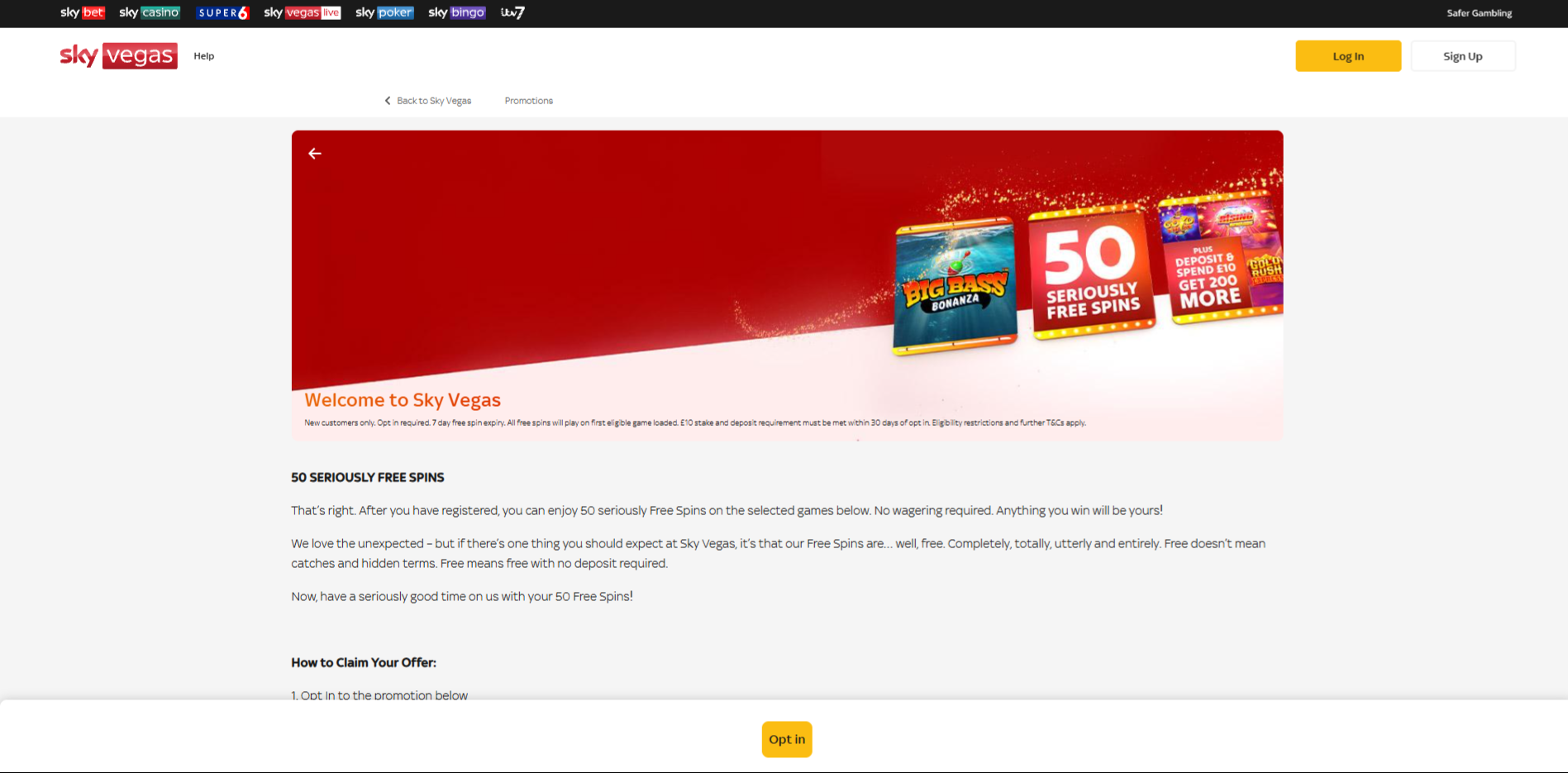Sky Vegas Casino welcome offer page, another Monzo-friendly UK casino
