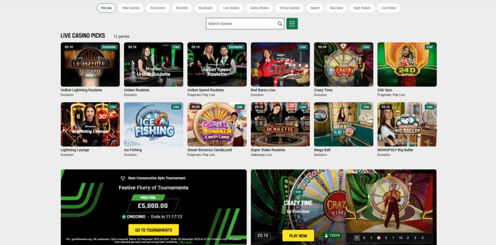Unibet Live Casino Page