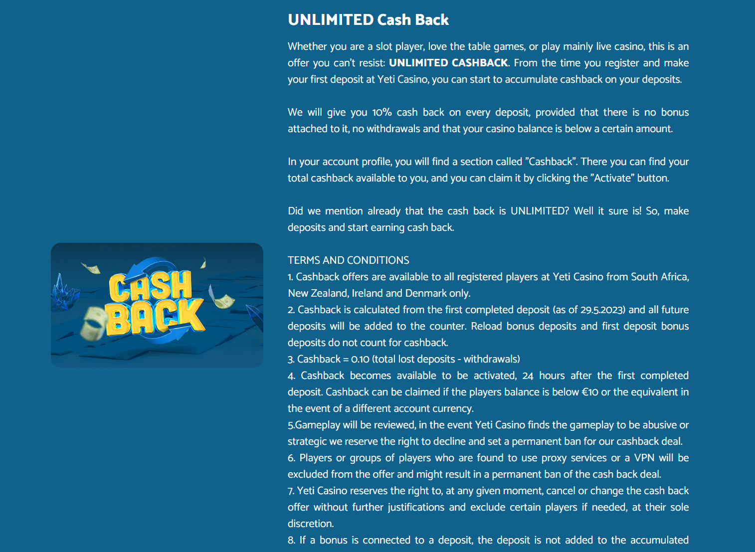 yeti casino cashback