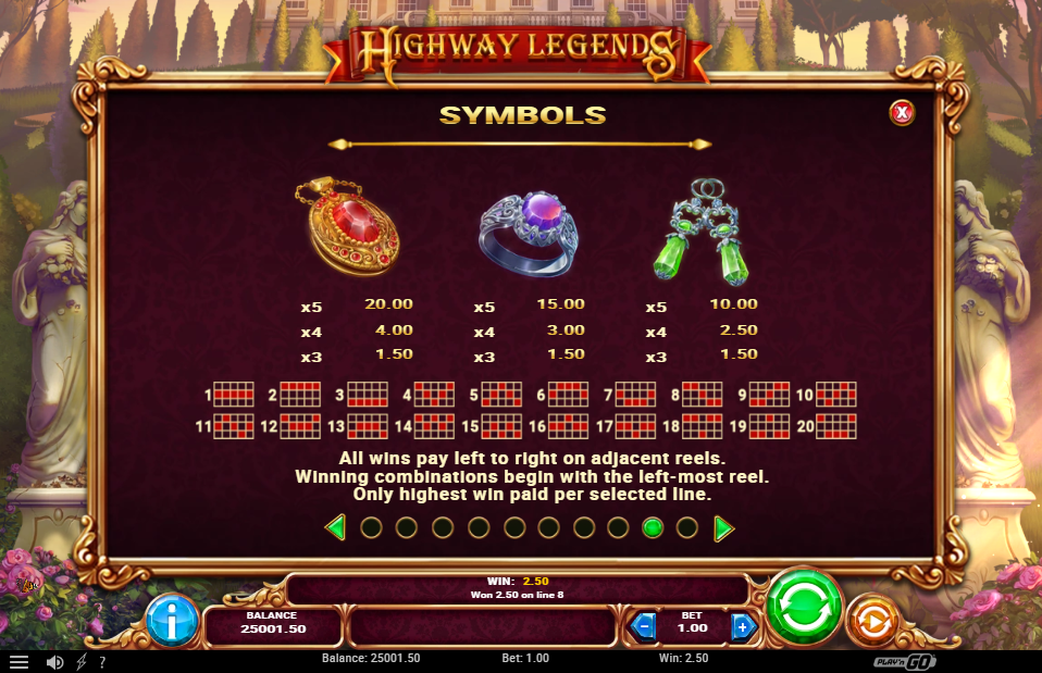 Highway Legends Pay Table