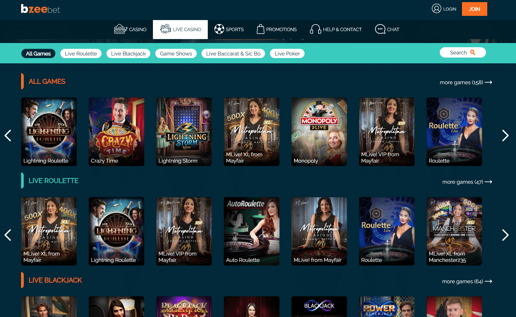 bzeebet live casino