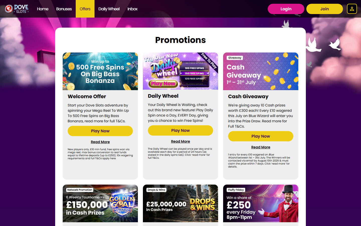 Dove Slots Casino promotions page showing the Mega Reel welcome offer of up to 500 free spins on Big Bass Bonanza, Daily Wheel, and a July cash giveaway