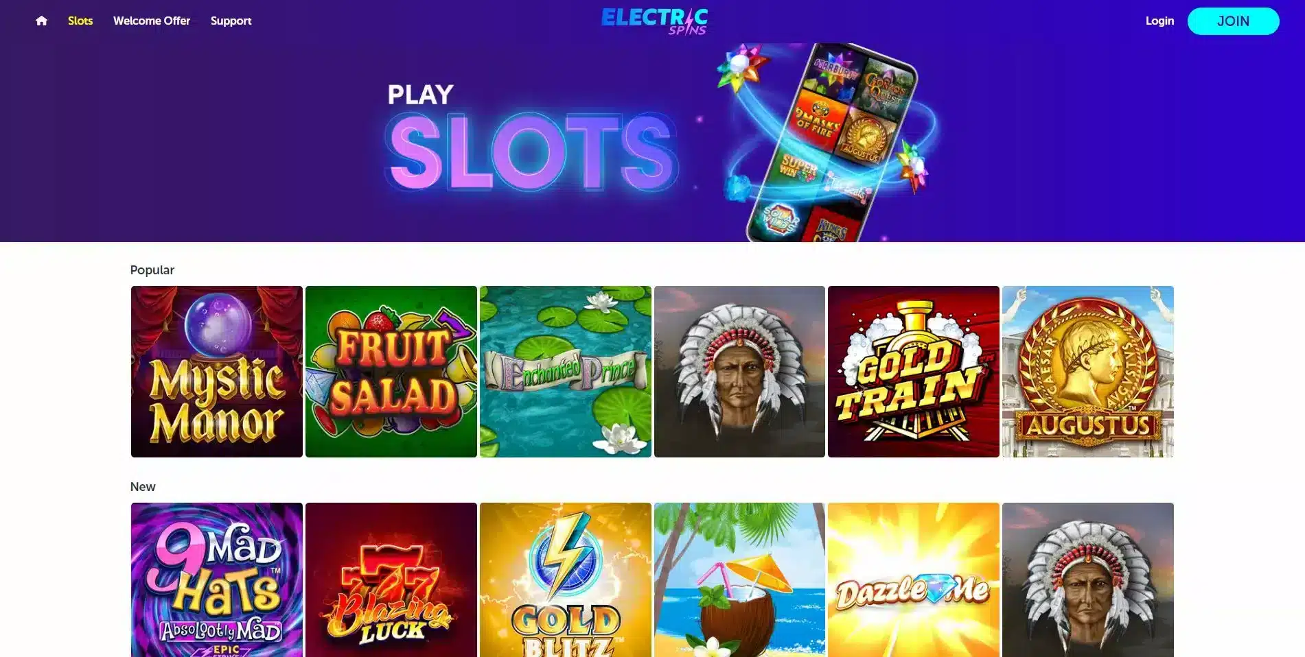 Electric Spins Casino Slots Page