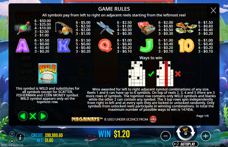 Big Bass Hold & Spinner Megaways Pay Table