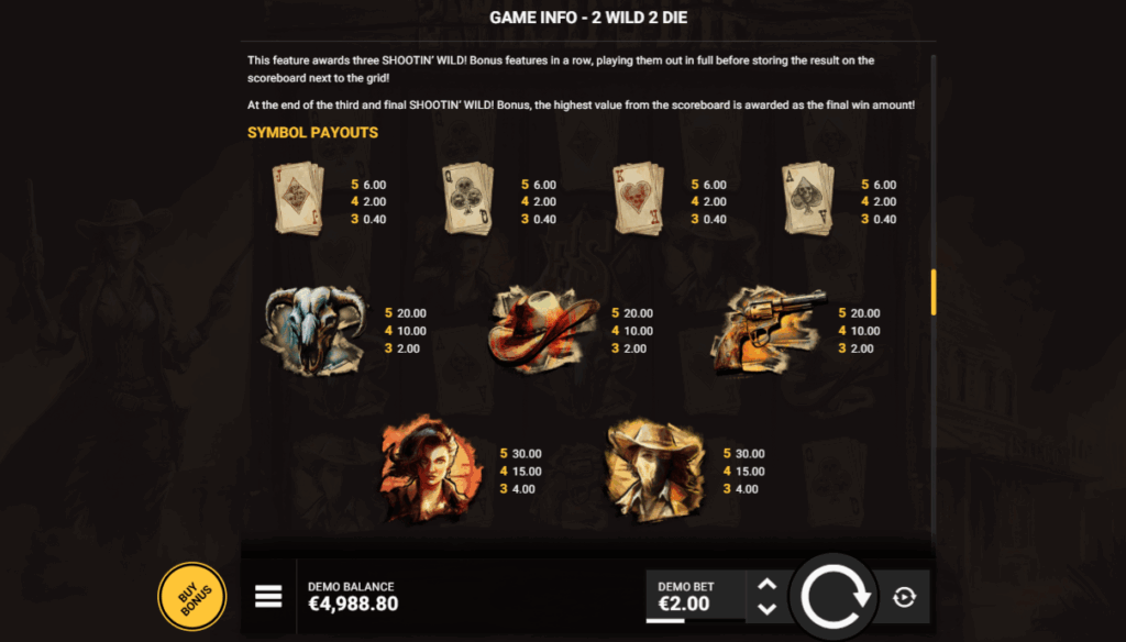 2 Wild 2 Die Paytable