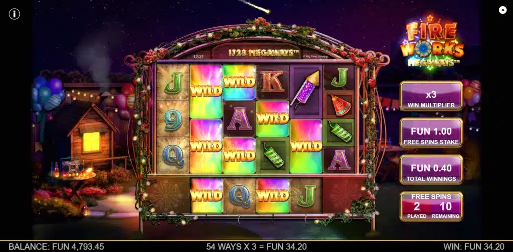 Fireworks Megaways Free Spins round showing unlimited multiplier mechanic