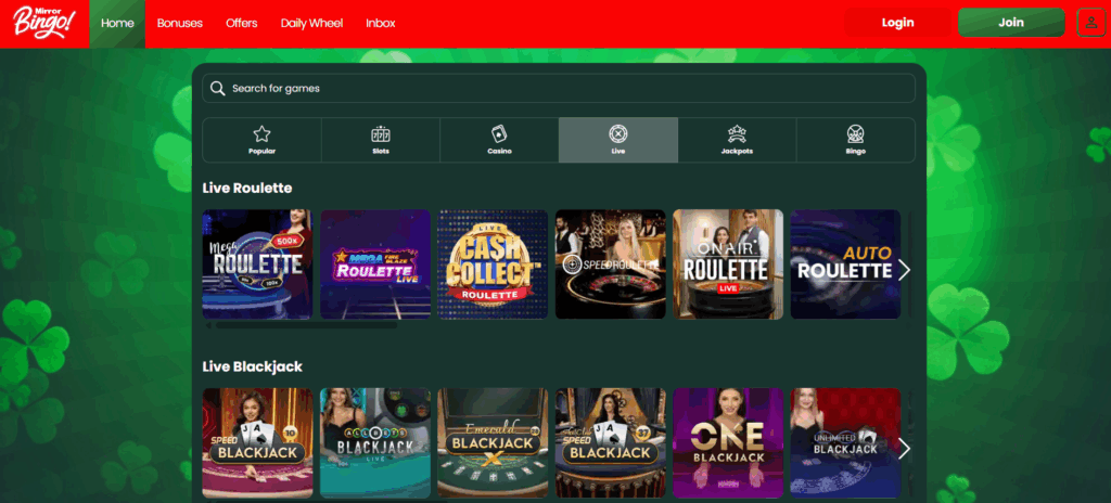 Mirror Bingo Live Casino Page