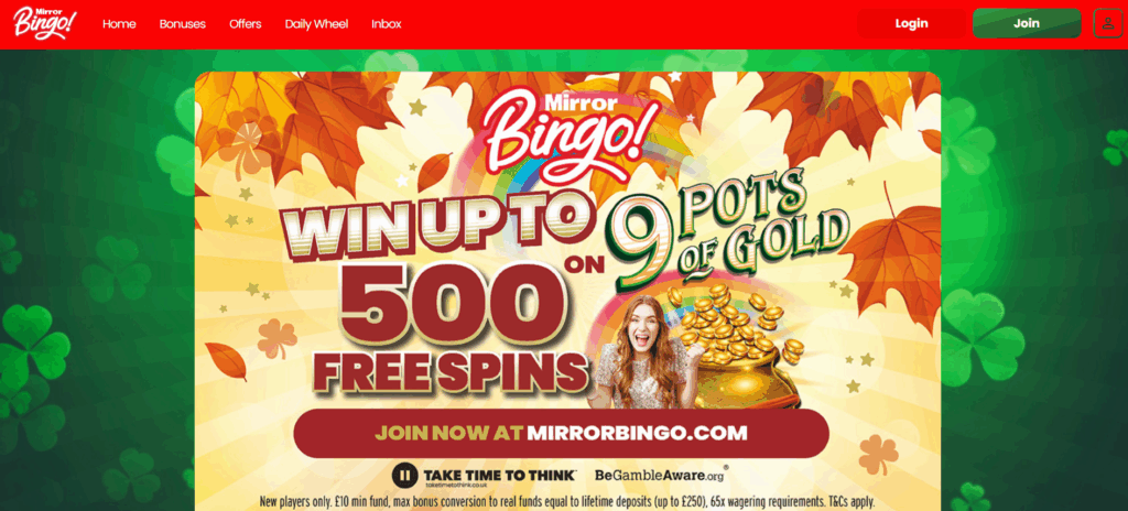 Mirror Bingo Welcome Page
