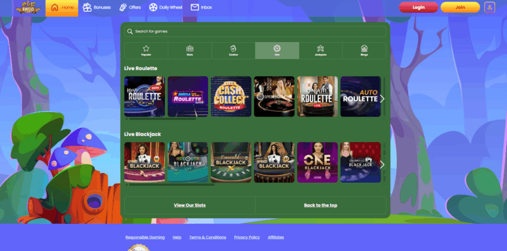 ELF Bingo Live Casino Page