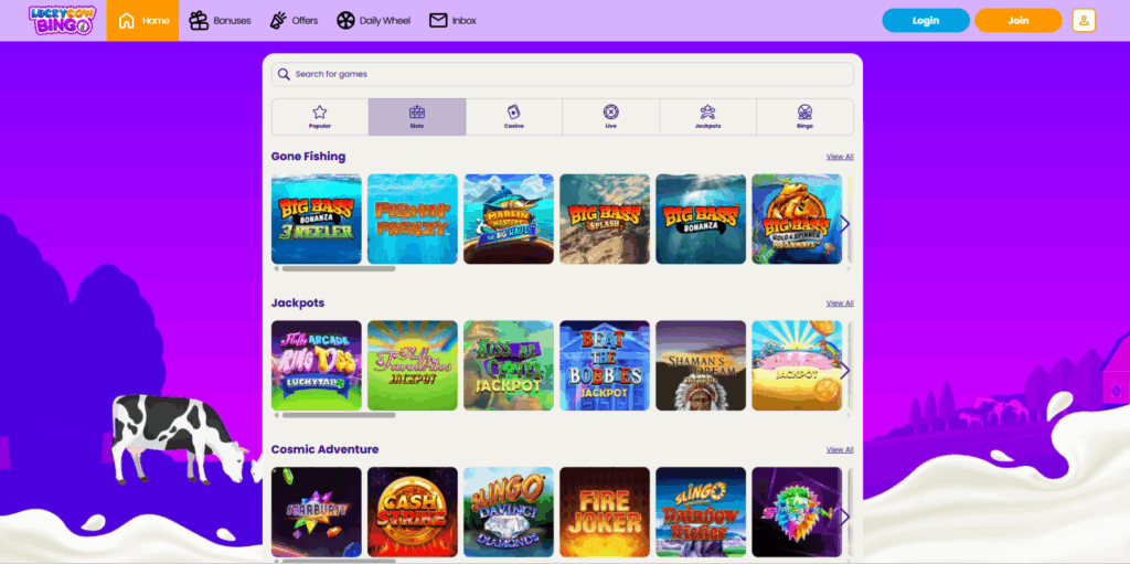 Lucky Cow Bingo Slots Page
