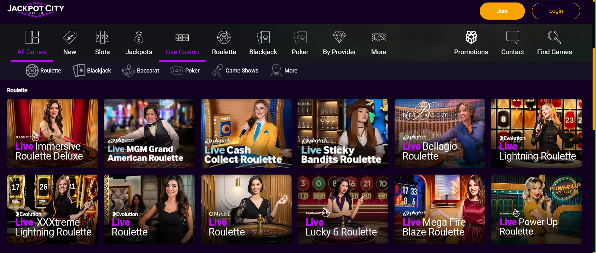 Jackpot City Live Casino Library