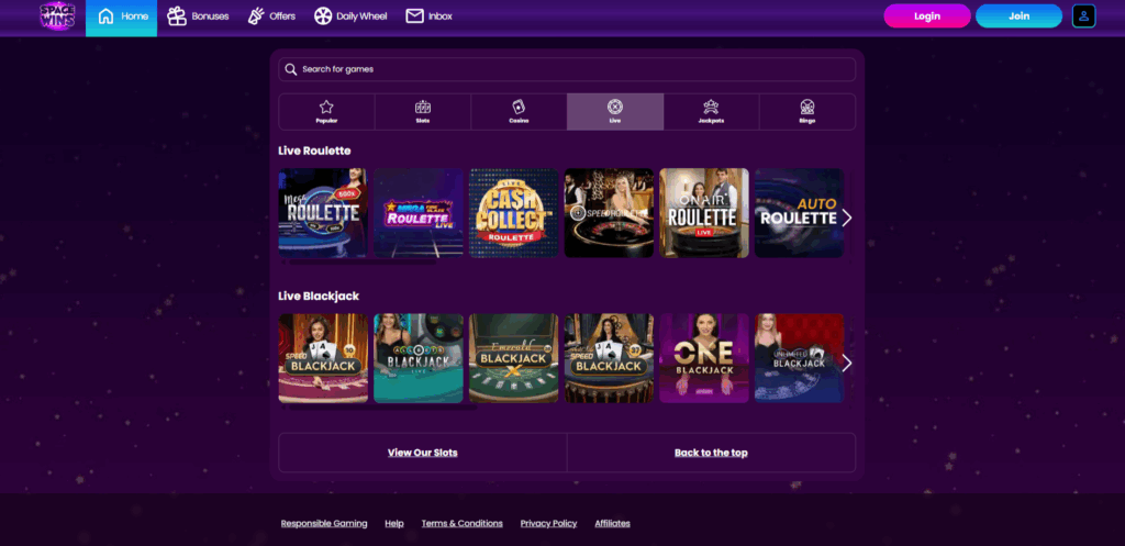Space Wins Live Casino Page