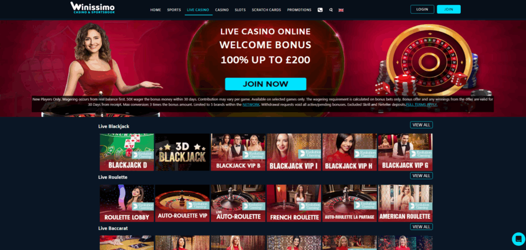 Winissimo Live Casino Page
