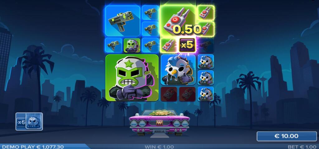 During gameplay, paytable symbols can appear as big symbols in sizes 1x1, 2x2, or 3x3