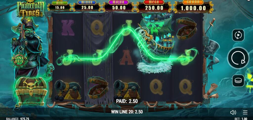 Ghost Ship Wilds substitute for all paytable symbols, appearing fully stacked on certain reels