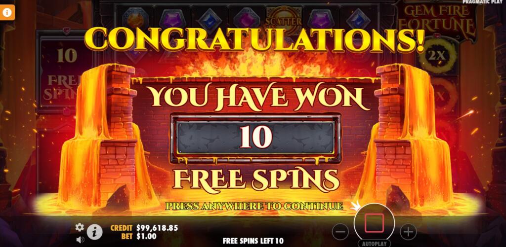 Landing 3 or more Scatters, awards 10 Free Spins